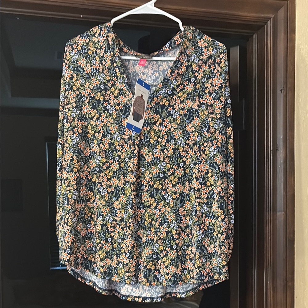 Vince Camuto Blue and Orange 3/4 Sleeve Blouse with Mandarin Collar